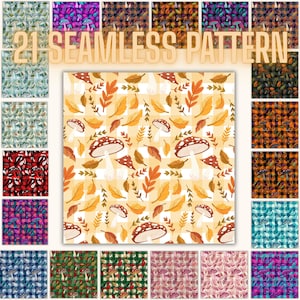 Könnte beinhalten: Eine Sammlung von 21 nahtlosen digitalen Mustern mit Pilzen und Herbstblättern auf verschiedenen Karohintergründen. Das zentrale Bild zeigt ein hellgelbes und weißes Karomuster mit braunen Pilzen und orangefarbenen Blättern.