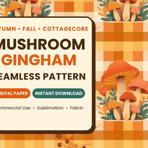 Autumn Mushroom Plaid Seamless Pattern, Orange Buffalo Check Digital Paper, Woodland Botanical Background for Scrapbooking and Crafts,