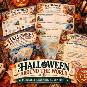 Pode incluir: Uma coleção de folhas de atividades educativas imprimíveis sobre o Halloween e uma capa de livro intitulada Halloween Around the World, com ilustrações de mapas, abóboras, fantasmas e folhas de outono para crianças de 7 a 12 anos.