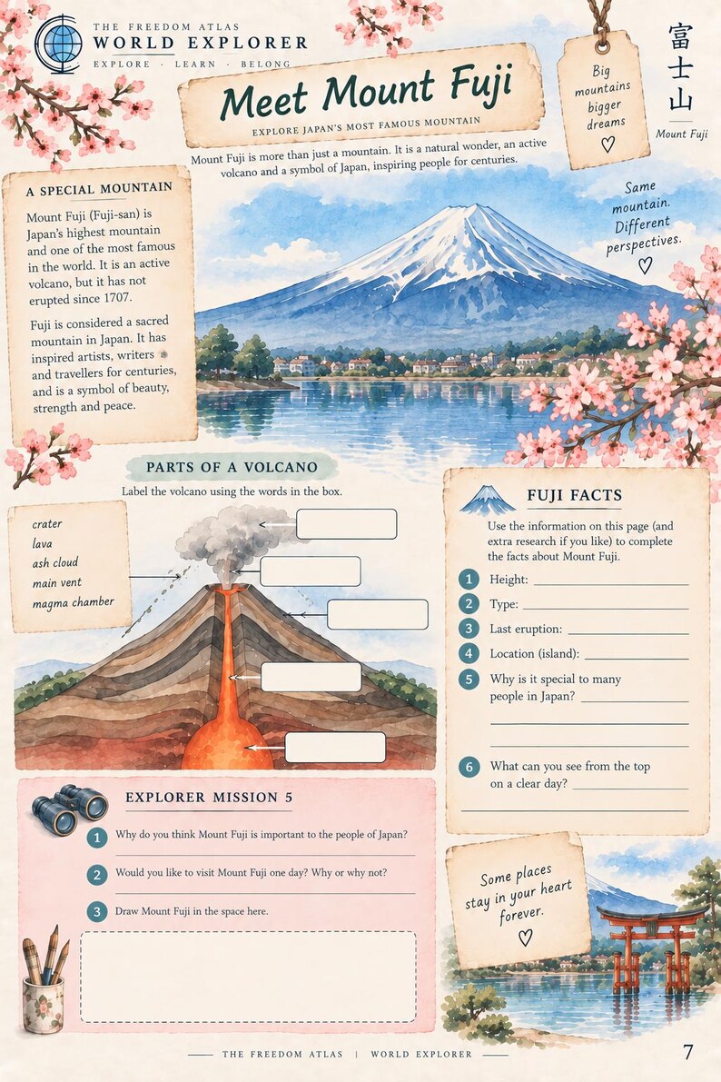Pode incluir: Uma folha de exerc&iacute;cios educativa intitulada Meet Mount Fuji com ilustra&ccedil;&otilde;es em aguarela da montanha, um corte transversal de um vulc&atilde;o, flores de cerejeira e um port&atilde;o torii vermelho. Inclui texto, sec&ccedil;&otilde;es para preencher e miss&otilde;es.