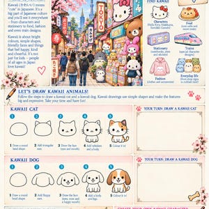 Pode incluir: Um cartaz educativo intitulado Kawaii: The Cute Side of Japan com uma ilustra&ccedil;&atilde;o colorida de uma rua movimentada de T&oacute;quio, sec&ccedil;&otilde;es que explicam a cultura Kawaii e tutoriais de desenho passo a passo para um gato e um c&atilde;o.