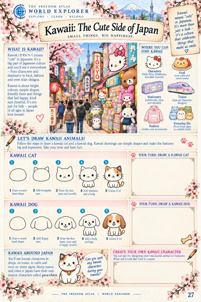 Pode incluir: Um cartaz educativo intitulado Kawaii: The Cute Side of Japan com uma ilustra&ccedil;&atilde;o colorida de uma rua movimentada de T&oacute;quio, sec&ccedil;&otilde;es que explicam a cultura Kawaii e tutoriais de desenho passo a passo para um gato e um c&atilde;o.