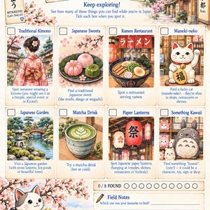 Pode incluir: Uma folha de atividades Japan in Real Life Explorer Hunt II com oito quadrados ilustrados para marcar, incluindo um quimono, doces japoneses, ramen, um maneki-neko, um jardim, matcha, lanternas de papel e um personagem kawaii.