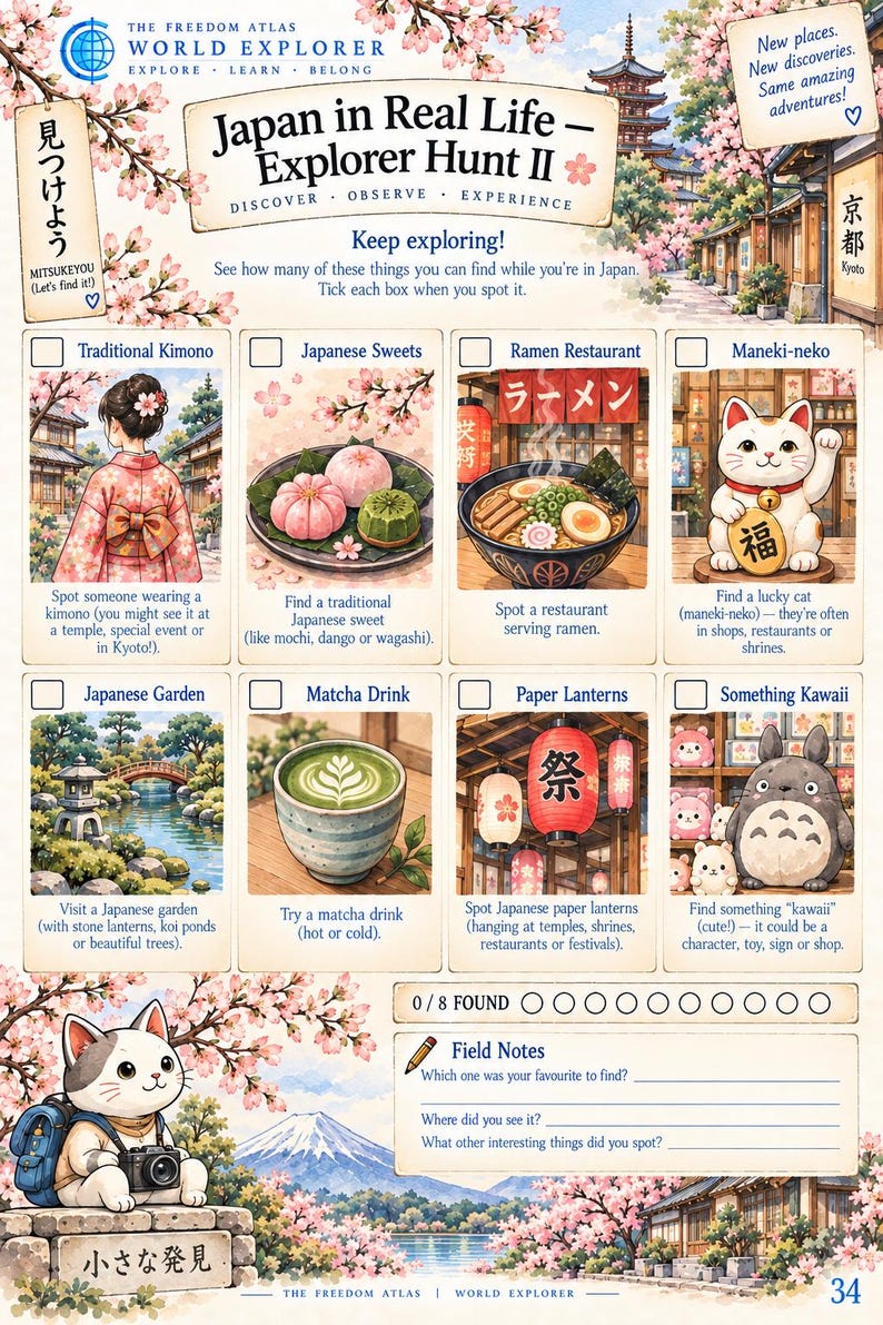 Pode incluir: Uma folha de atividades Japan in Real Life Explorer Hunt II com oito quadrados ilustrados para marcar, incluindo um quimono, doces japoneses, ramen, um maneki-neko, um jardim, matcha, lanternas de papel e um personagem kawaii.
