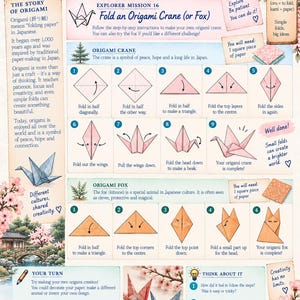 Pode incluir: Uma p&aacute;gina educativa intitulada Make Something from Paper com instru&ccedil;&otilde;es ilustradas passo a passo para dobrar um grou e uma raposa de origami. O layout inclui texto sobre a hist&oacute;ria do origami, gr&aacute;ficos de flores de cerejeira e diagramas numerados.
