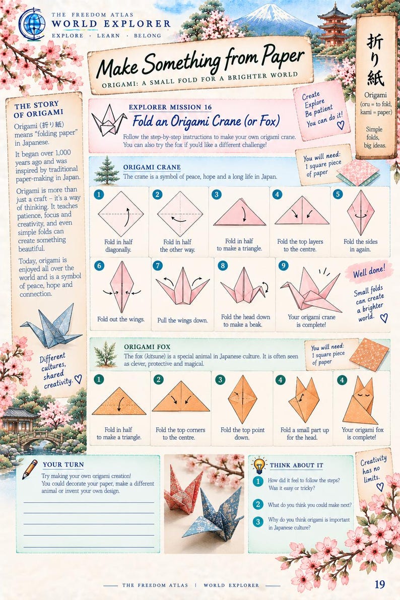 Pode incluir: Uma p&aacute;gina educativa intitulada Make Something from Paper com instru&ccedil;&otilde;es ilustradas passo a passo para dobrar um grou e uma raposa de origami. O layout inclui texto sobre a hist&oacute;ria do origami, gr&aacute;ficos de flores de cerejeira e diagramas numerados.
