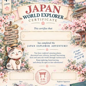 Pode incluir: Um certificado Japan World Explorer com uma ilustra&ccedil;&atilde;o em aguarela do Monte Fuji, flores de cerejeira, uma pagode e um gato de desenho animado com uma mochila. O texto inclui Japan World Explorer Certificate, Japan Explorer Adventure e v&aacute;rias frases inspiradoras.