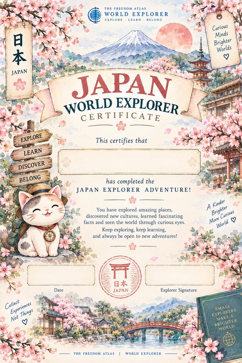 Pode incluir: Um certificado Japan World Explorer com uma ilustra&ccedil;&atilde;o em aguarela do Monte Fuji, flores de cerejeira, uma pagode e um gato de desenho animado com uma mochila. O texto inclui Japan World Explorer Certificate, Japan Explorer Adventure e v&aacute;rias frases inspiradoras.