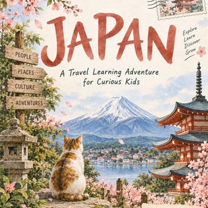 Pode incluir: Uma capa de livro intitulada Japan: A Travel Learning Adventure for Curious Kids, mostrando um gato olhando para o Monte Fuji, uma pagoda, flores de cerejeira, uma placa de sinaliza&ccedil;&atilde;o e um selo com a bandeira do Jap&atilde;o.