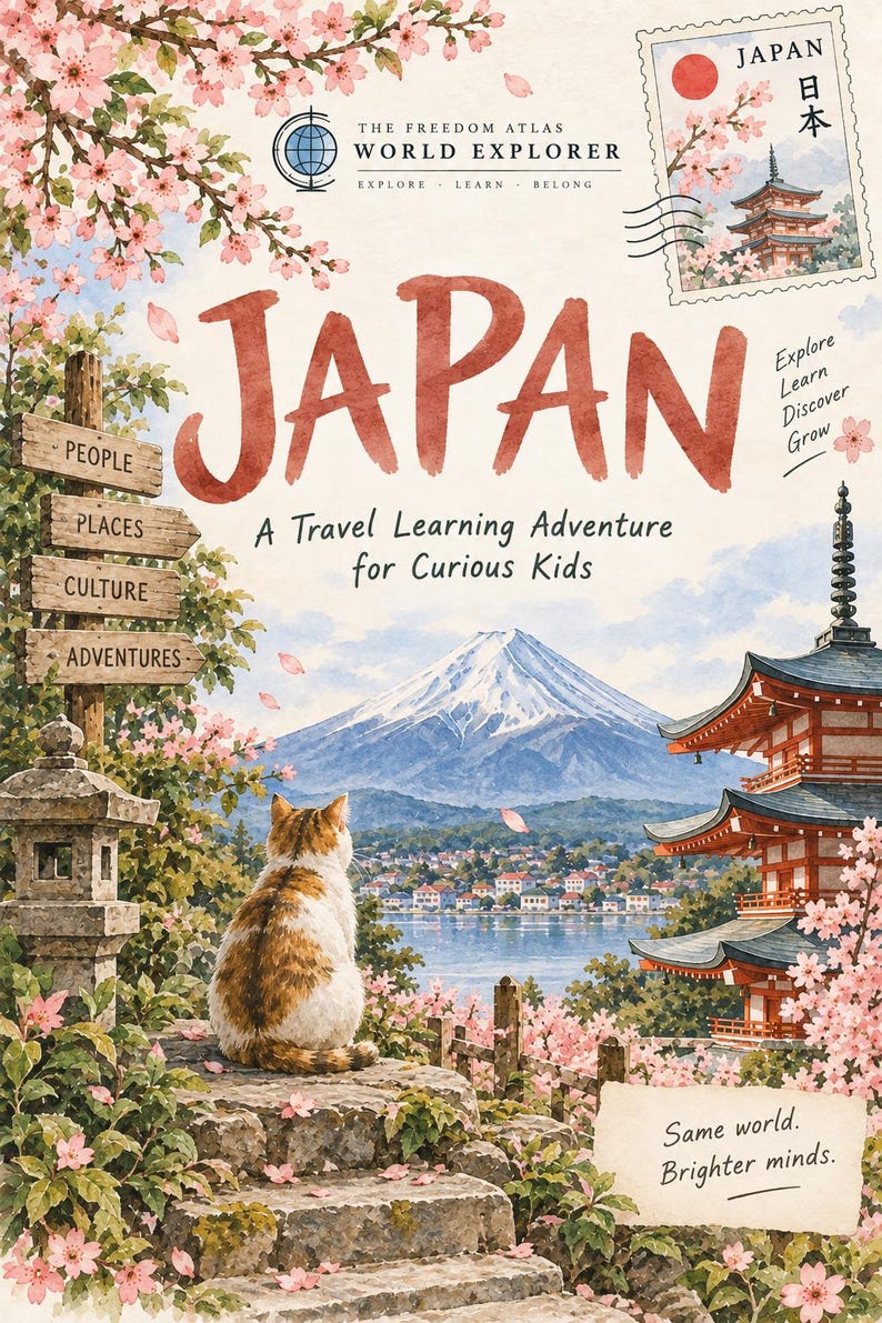 Pode incluir: Uma capa de livro intitulada Japan: A Travel Learning Adventure for Curious Kids, mostrando um gato olhando para o Monte Fuji, uma pagoda, flores de cerejeira, uma placa de sinaliza&ccedil;&atilde;o e um selo com a bandeira do Jap&atilde;o.