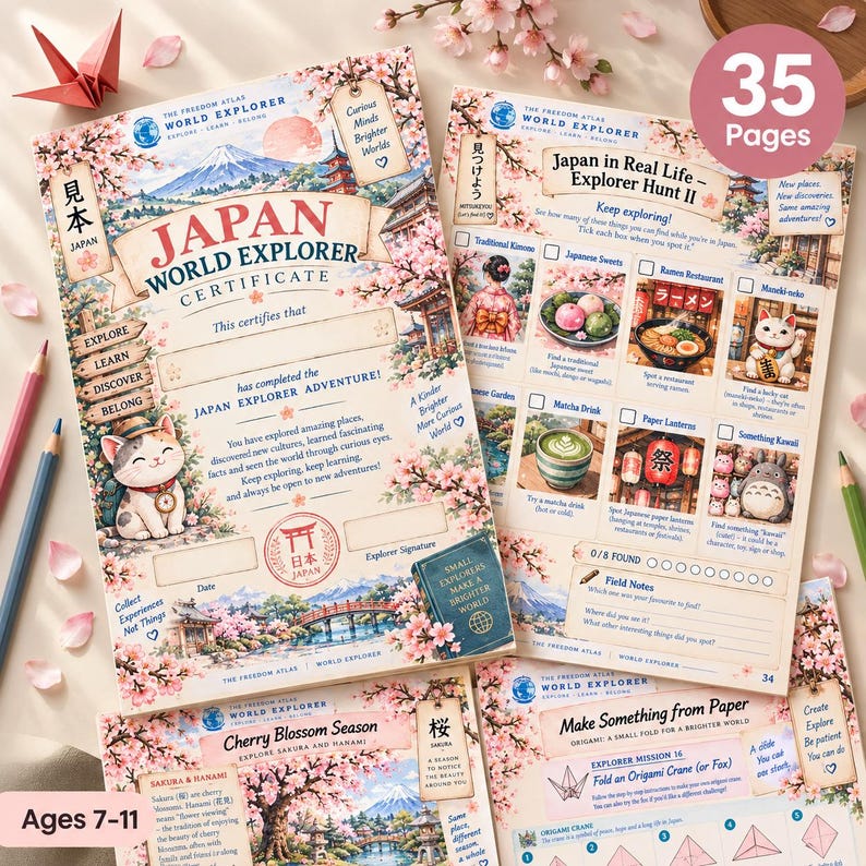 Pode incluir: Um conjunto de livros de atividades Japan World Explorer com um certificado, uma lista de verifica&ccedil;&atilde;o de explorador com imagens da cultura japonesa e instru&ccedil;&otilde;es de origami, decorado com flores de cerejeira, o monte Fuji e um gato.