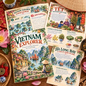 Pode incluir: Uma coleção de folhas de atividades educativas e um livro intitulado Vietnam Explorer, com ilustrações da Baía de Ha Long, barcos tradicionais e cenas culturais. As páginas incluem texto sobre o Tet, caça-palavras, labirintos e informações sobre marcos e costumes vietnamitas.