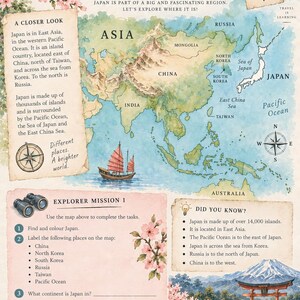 Pode incluir: Uma p&aacute;gina educativa de mapa de explorador mundial intitulada Find Japan on the Map. Apresenta um mapa da &Aacute;sia, caixas de texto com fatos sobre o Jap&atilde;o, uma rosa dos ventos, uma ilustra&ccedil;&atilde;o de um junco e tarefas Explorer Mission 1.