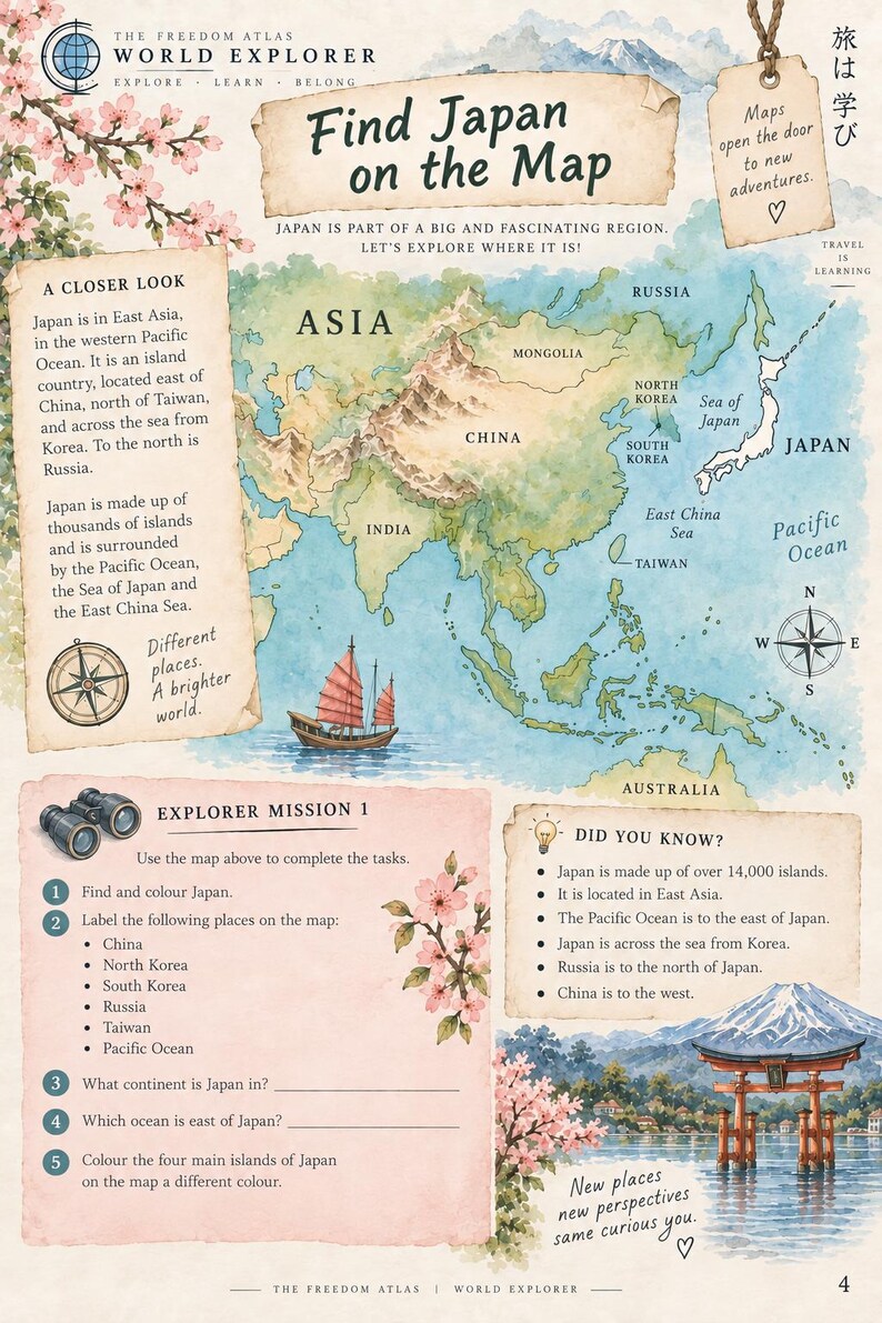 Pode incluir: Uma p&aacute;gina educativa de mapa de explorador mundial intitulada Find Japan on the Map. Apresenta um mapa da &Aacute;sia, caixas de texto com fatos sobre o Jap&atilde;o, uma rosa dos ventos, uma ilustra&ccedil;&atilde;o de um junco e tarefas Explorer Mission 1.