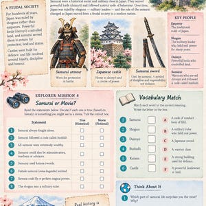Pode incluir: Uma p&aacute;gina educativa intitulada Samurai & the World of the Shoguns com ilustra&ccedil;&otilde;es de um samurai com armadura, um castelo japon&ecirc;s e uma espada. Inclui texto sobre a sociedade feudal, figuras-chave, vocabul&aacute;rio e uma miss&atilde;o.