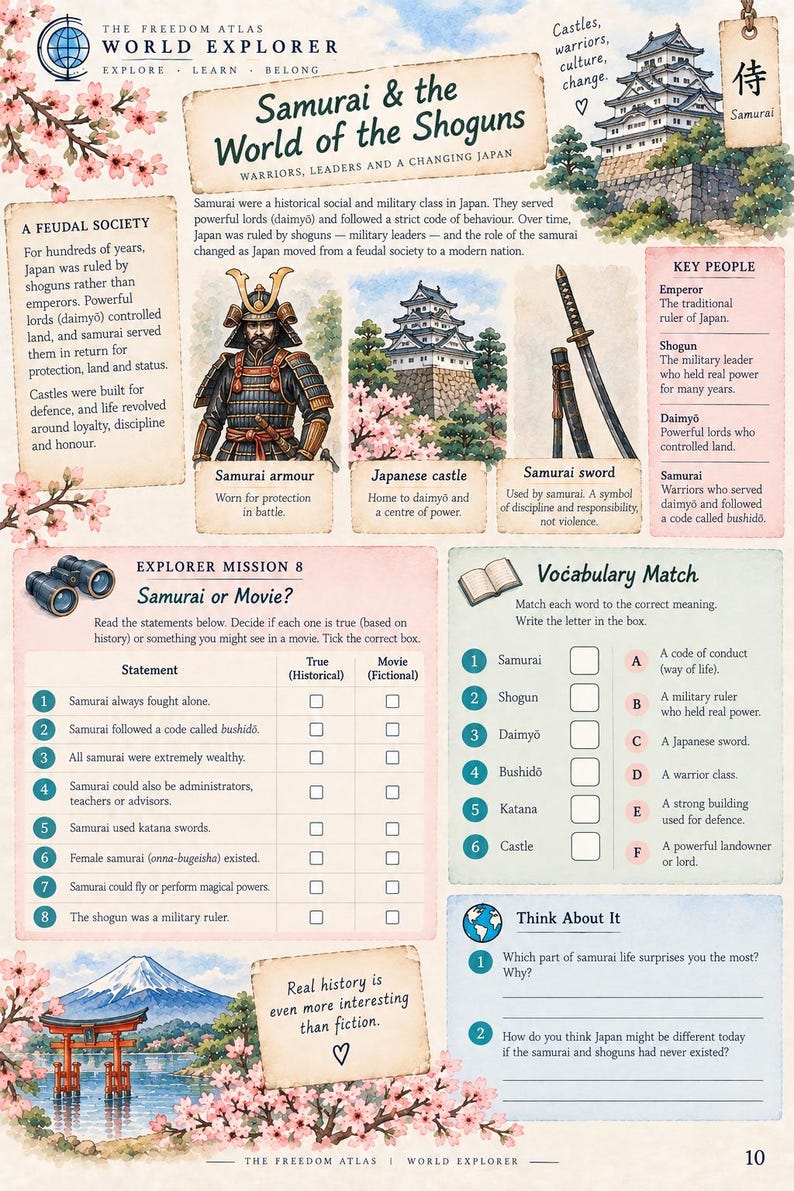 Pode incluir: Uma p&aacute;gina educativa intitulada Samurai & the World of the Shoguns com ilustra&ccedil;&otilde;es de um samurai com armadura, um castelo japon&ecirc;s e uma espada. Inclui texto sobre a sociedade feudal, figuras-chave, vocabul&aacute;rio e uma miss&atilde;o.
