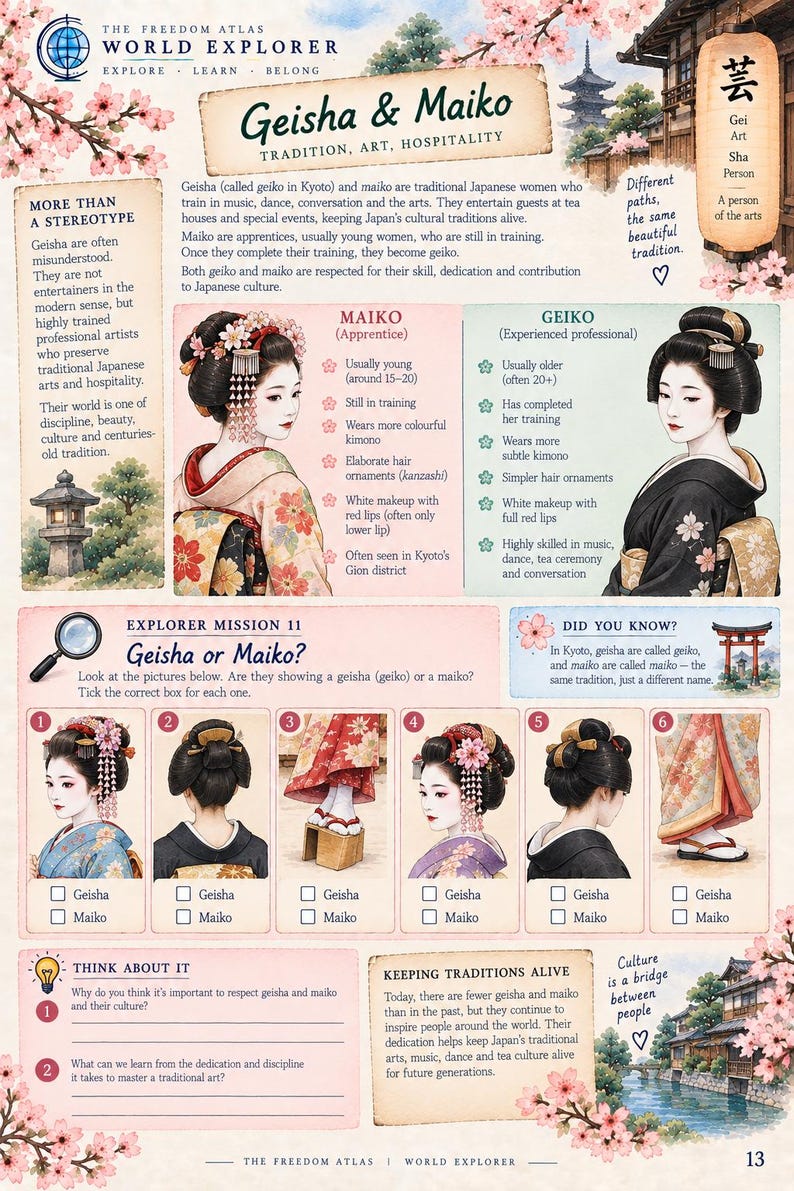 Pode incluir: Uma infografia educativa intitulada The Freedom Atlas World Explorer sobre Geisha e Maiko. Inclui ilustra&ccedil;&otilde;es de vestu&aacute;rio tradicional japon&ecirc;s, ornamentos de cabelo e texto que explica os pap&eacute;is culturais de Geiko e Maiko.