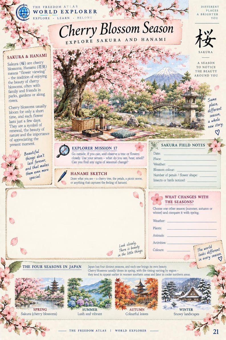 Pode incluir: Uma p&aacute;gina educativa intitulada Cherry Blossom Season com uma ilustra&ccedil;&atilde;o central de uma cerejeira em flor perto de um lago e do Monte Fuji. O layout inclui se&ccedil;&otilde;es de texto, um quadro de esbo&ccedil;o vazio e quatro pequenas imagens de paisagens.