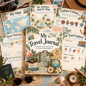 Pode incluir: Um livro de atividades de viagem imprimível com uma mala, um globo, uma bússola e binóculos na capa. O conjunto inclui páginas intituladas My Map, My Journey, Step by Step, Culture Curious, Nature Detective e Food Explorer.