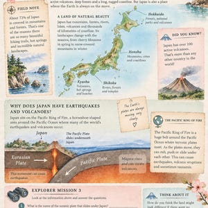 Pode incluir: Uma infografia educativa intitulada A Land of Mountains, Volcanoes and Earthquakes, apresentando um mapa do Jap&atilde;o, ilustra&ccedil;&otilde;es de placas tect&oacute;nicas, atividade vulc&acirc;nica e texto sobre o Anel de Fogo do Pac&iacute;fico.