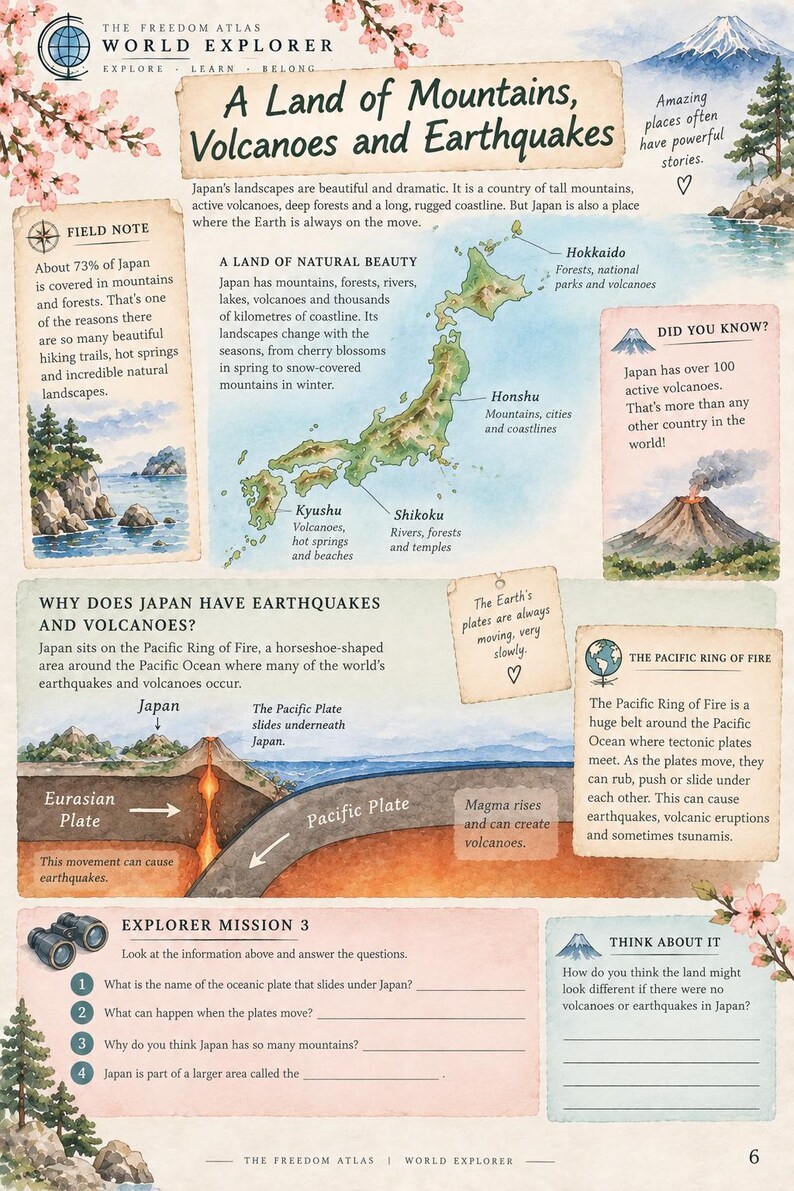Pode incluir: Uma infografia educativa intitulada A Land of Mountains, Volcanoes and Earthquakes, apresentando um mapa do Jap&atilde;o, ilustra&ccedil;&otilde;es de placas tect&oacute;nicas, atividade vulc&acirc;nica e texto sobre o Anel de Fogo do Pac&iacute;fico.