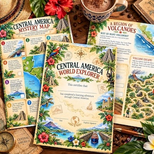 Pode incluir: Um certificado Central America World Explorer com ilustrações de um papagaio, macaco, tartaruga marinha, vulcão e canal. O documento inclui campos de texto para nome, data e assinatura, rodeado por flores e folhagens tropicais.
