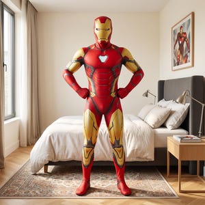 Pode incluir: Um traje de corpo inteiro do Homem de Ferro com um esquema de cores vermelho e dourado, apresentando um capacete moldado, um reator arc branco no centro do peito e padrões de armadura detalhados impressos no tecido, em pose heroica com as mãos na cintura.