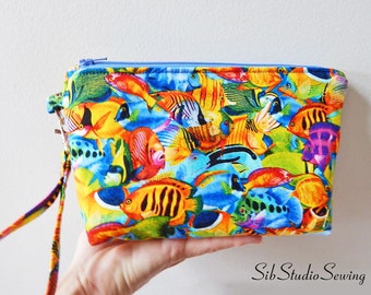 Tropical Fish Clutch, 9 x 5 x 2 inches, Fits iPhone 15 Pro, Max & Plus Smartphone up to 7" Length, Inside Pockets, Ocean Fish Wristlet