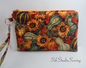 Sunflower Gourds Clutch, 9 x 6 inches, Fits iPhone 15 Pro, Plus Sized Smartphones up to 6.75" Length, Padded, Pockets, Fall Phone Wristlet