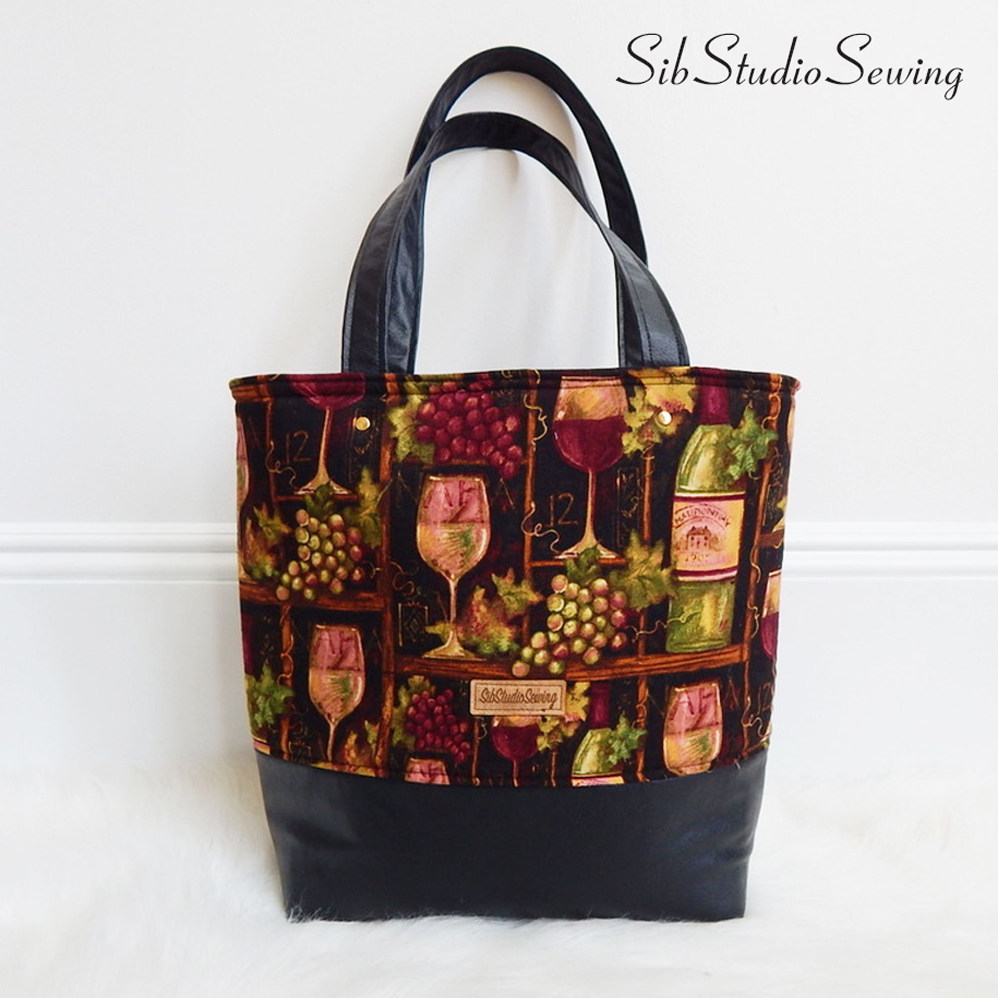 Wine Tote Bag: Faux Leather & Grapes Cotton, Zipper Closure