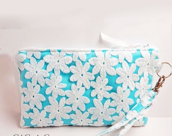 Daisy Smartphone Clutch, 9 x 6 inches, Fits iPhone Pro & Plus Smartphones up to 7" Length, Padded, Pockets, Daisy Lace and Satin Purse