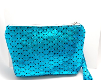 Mermaid Scales Wristlet Clutch: Metallic Blue Neoprene Bag, 9 x 6.5 inches, Wristlet Strap, Inside Pockets