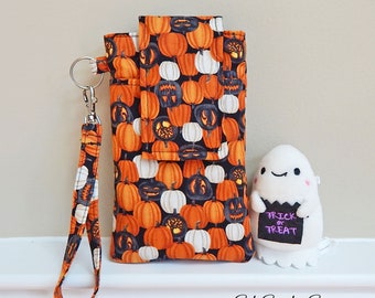 Large Pumpkin Wristlet, Fits X-large Smartphones up to 7" x 3.5", Key Ring, Pocket, Halloween Pumpkin Wristlet, Pumpkins Phone Wristlet