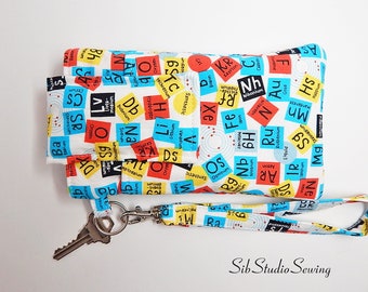 Periodic Table Wristlet, Fits iPhone 15, 14, 13, Galaxy S24, Smartphones up to 6.5" x 3.25", Key Ring, Pocket, Periodic Table  Phone Bag