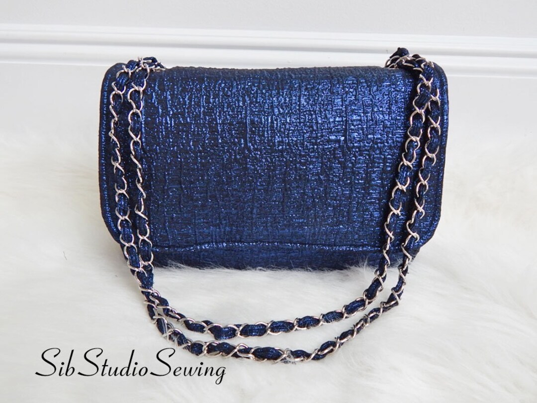 Metallic Blue Purse With Fabric Threaded Chain Strap Navy Blue Metallic