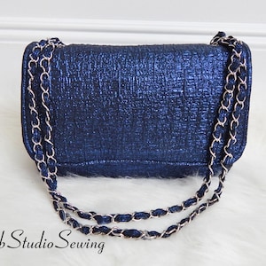 Mini messenger bag, Lambskin & gold metal , navy blue, light blue