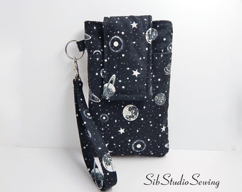 Outer Space Wristlet, Fits iPhone 15,14, Smartphone up to 6.5" x 3.25", Key Ring, Pocket, Moon & Stars Wristlet, Space iPhone Wristlet