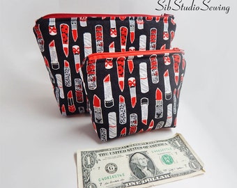 Lipstick Makeup Bags,  Set of Two, 9 x 6 x 2 and 6 x 5 x 2 inches, Interior Vinyl Lined, Zipper Closure, Padded, Lipstick Cosmetic Bags