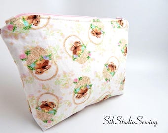 Easter Bunny Makeup Bag: Vinyl Lined Cosmetic Bag, 9 x 6 x 2 inches, Zipper Closure, Padded