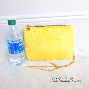 Yellow Velour Shoulder Bag, 9 x 6.5 inches, Fits Large Phones up to 7 &quot;, Wristlet Strap & Chain Shoulder Strap, Inside Pockets, Yellow Purse