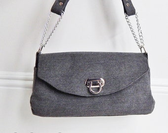 Gray Wool Shoulder Bag, 11 x 5 x 3 inches, Wool & Silver Curb Chain Strap, Turn Lock Closure, Inside Pockets, Gray Wool Suiting Handbag