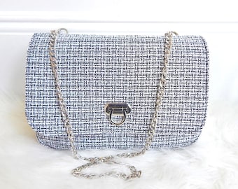 Tweed Crossbody Bag, Silver Chain Strap, Elegant Shoulder Handbag (11 x 6.5 x 3")