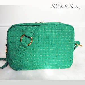 Green Tweed Crossbody Bag: Italian Designer Tweed, 10&quot; W x 7&quot; H x 4&quot; D, Zipper Closure, Adjustable Strap, Outside & Inside Pockets