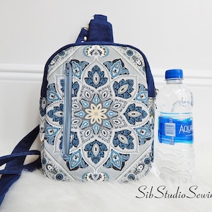 Mandala Sling Bag, 9 x 7.5 x 3 &quot;, Adjustable Strap, Outer Pockets,  Inside Pockets, Mandala Design Backpack, Denim Mandala Crossbody Bag