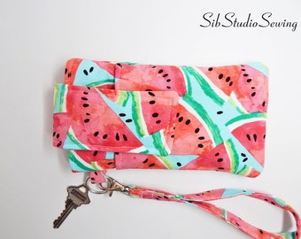 Watermelon Smartphone Wristlet, Fits iPhone 15, 14, Galaxy S24, S23, Smartphones up to 6.5" x 3.25", Key Ring, Pocket, Watermelon Phone Bag