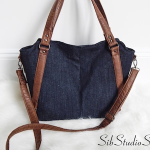 Denim Crossbody Bag: Faux Leather Accents, Inside Pockets, 11.5 x 12 x 6 &quot;, Double Magnetic Snap Closure, Adjustable Crossbody Strap