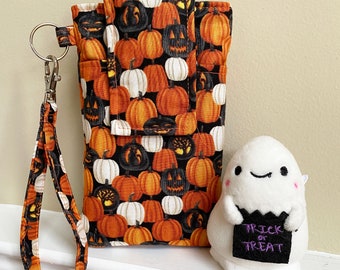 Pumpkins Smartphone Wristlet, Fits iPhone 15, 14, Galaxy S24, S23, phones up to 6.5" x 3.25", Key Ring, Pocket, Halloween Pumpkins Wristlet