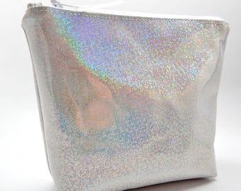Rainbow Glitter Vinyl Makeup Bag: Wipeable Cosmetic Bag, 7 x 6 x 2 inches, Zipper Closure