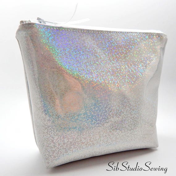 Rainbow Glitter Vinyl Makeup Bag: Wipeable Cosmetic Bag, 7 x 6 x 2 inches, Zipper Closure