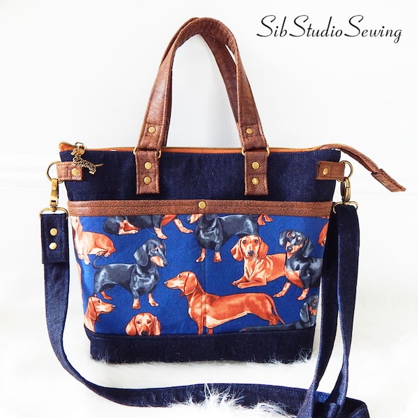 Dachshund Shoulder Bag, 12.5 x 10 x 4 ", Zipper Closure, Lots of Pockets, Crossbody Strap, Faux Leather & Dark Denim Bag, Doxie Shoulder Bag